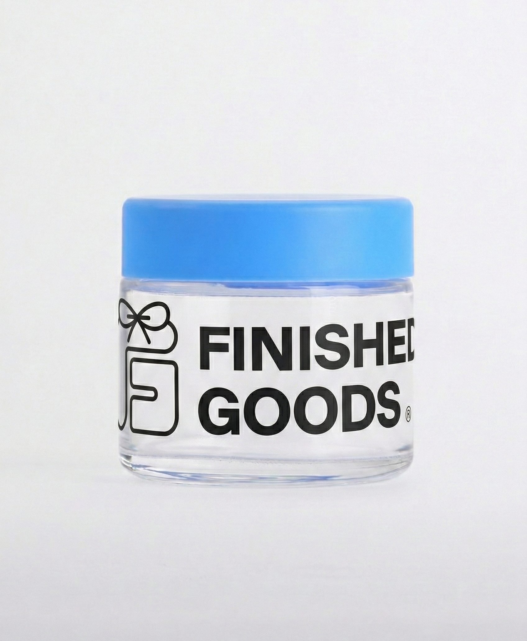 Clear child-resistant glass jar with blue lid and printed Finished Goods logo