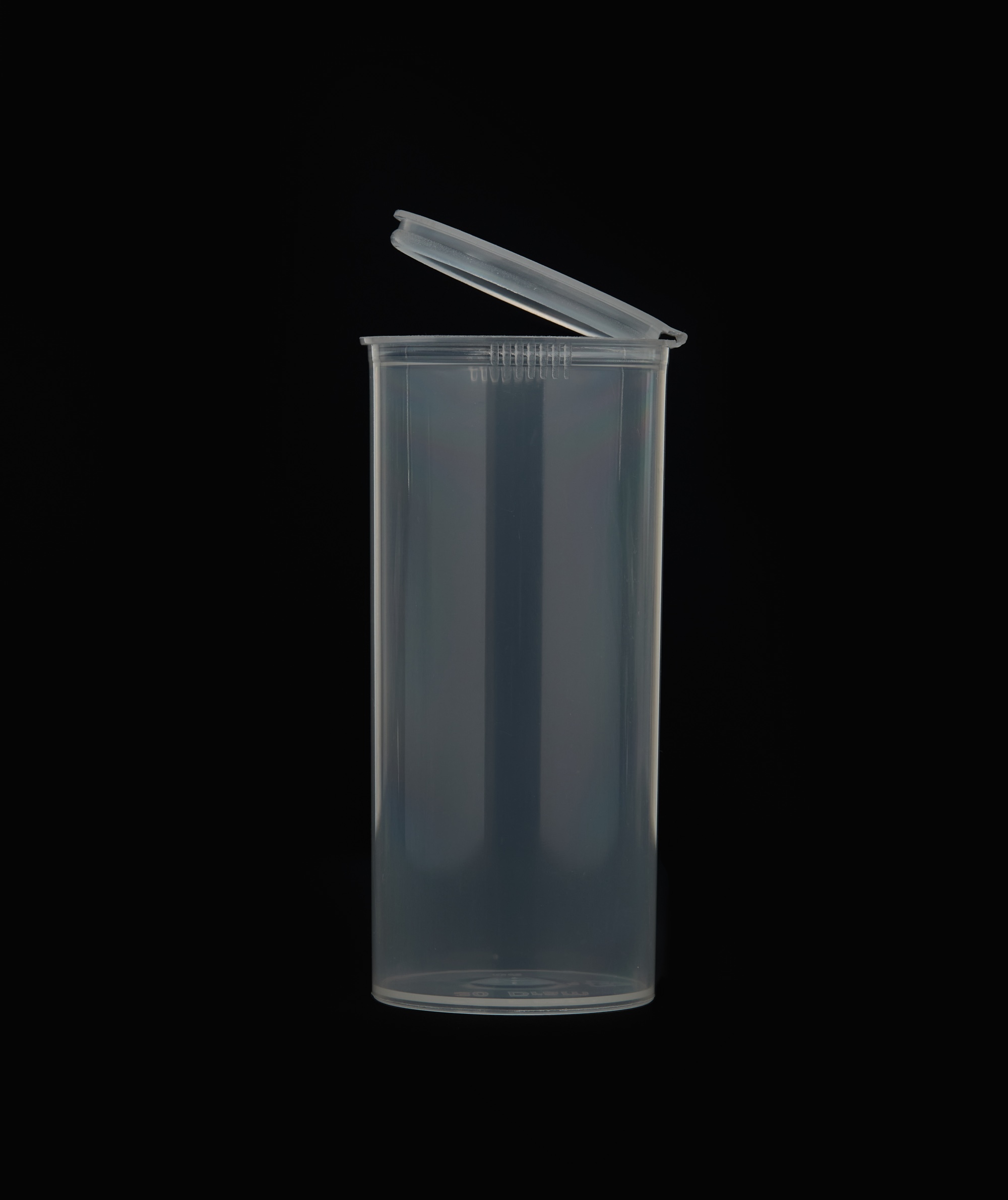 Clear pop top tube with open lid on black background