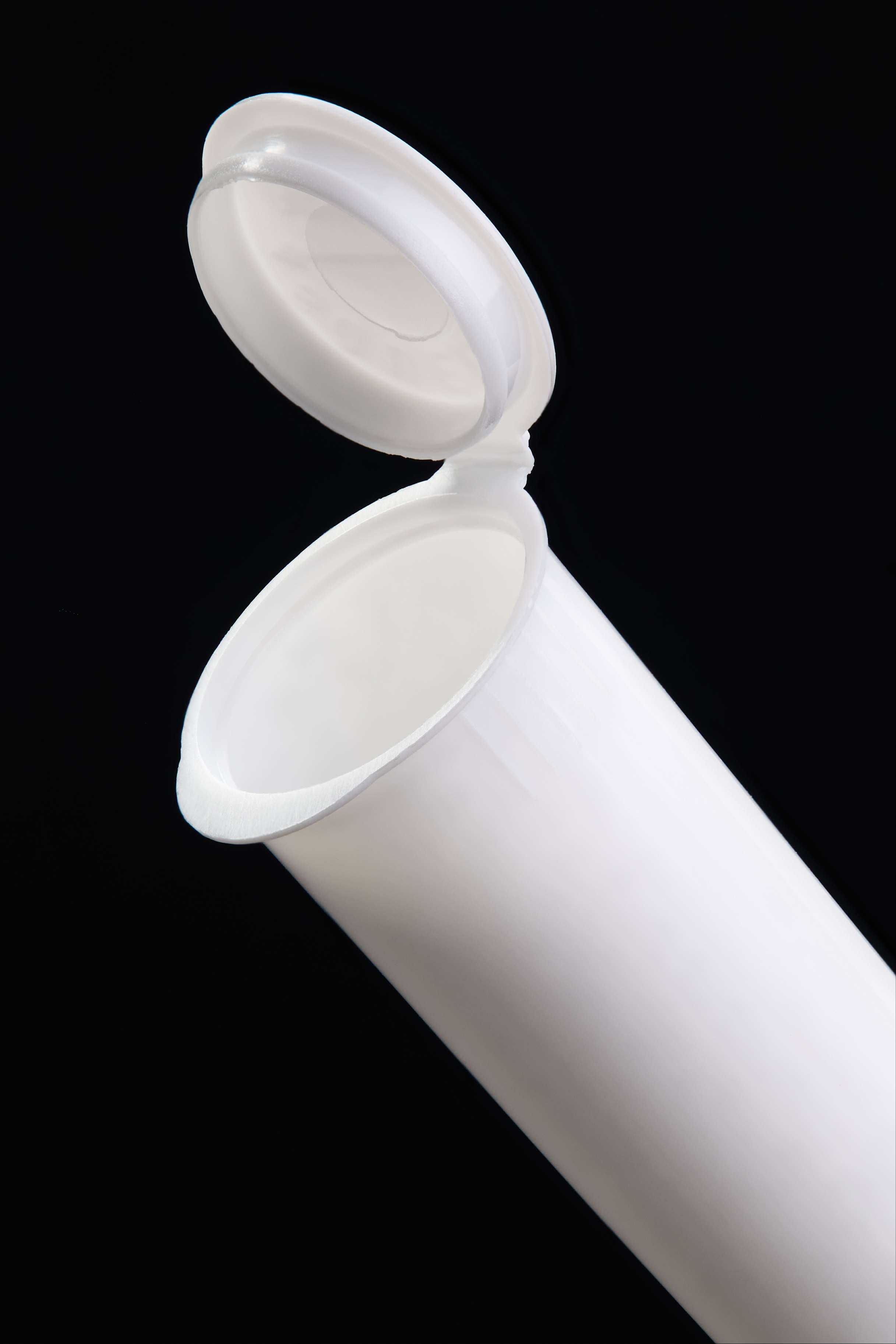 White pop top tube with child resistant cap open